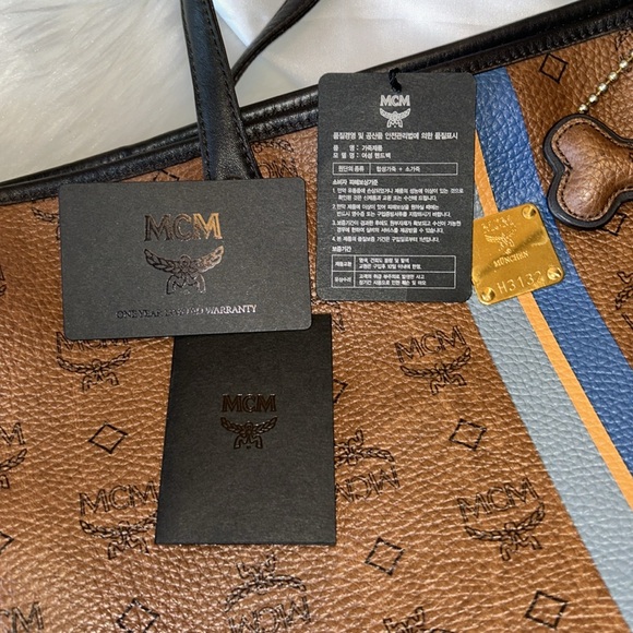 🔵MCM🟤Visetos🔵Striped Shopper Tote Bag - Picture 6 of 10